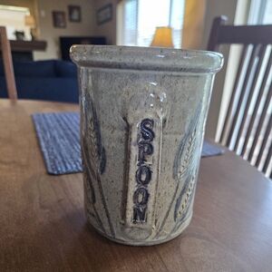 Pottery Crock Marked 'Spoons' Tan/Gray Glaze With Blue Wheat Sheafs